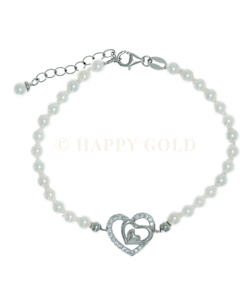 Bracciale perle con centrale cuore in argento e zirconi