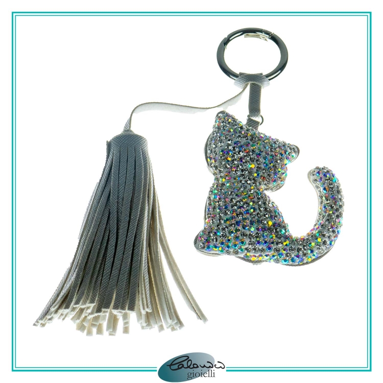 Portachiavi Gatto con Strass con ciuffo beige