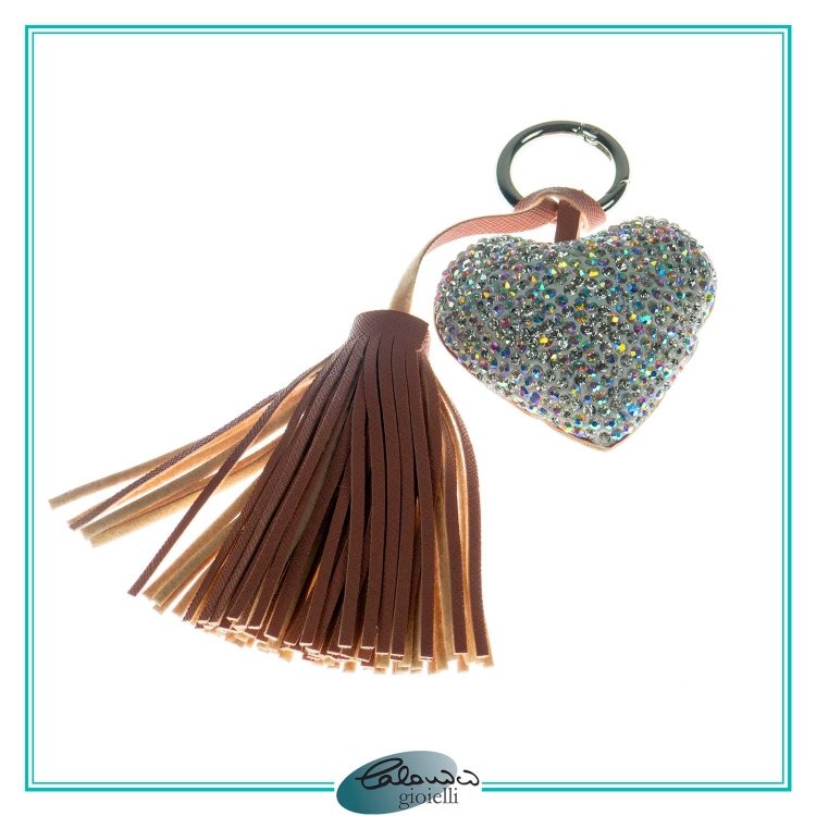 Portachiavi Cuore Strass e ciuffo cuoio Cognac