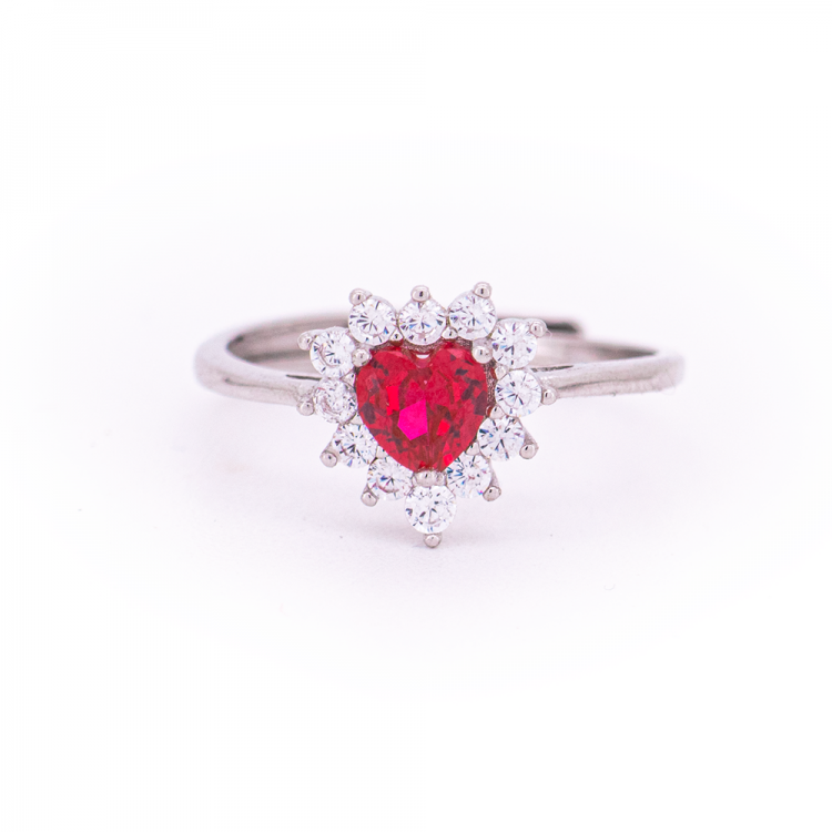 Anello in Argento collezione "Regina" con zircone a cuore Rosso e contorno di zirconi Bianchi