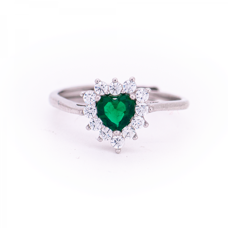 Anello in Argento collezione "Regina" con zircone a cuore Verde e contorno di zirconi Bianchi