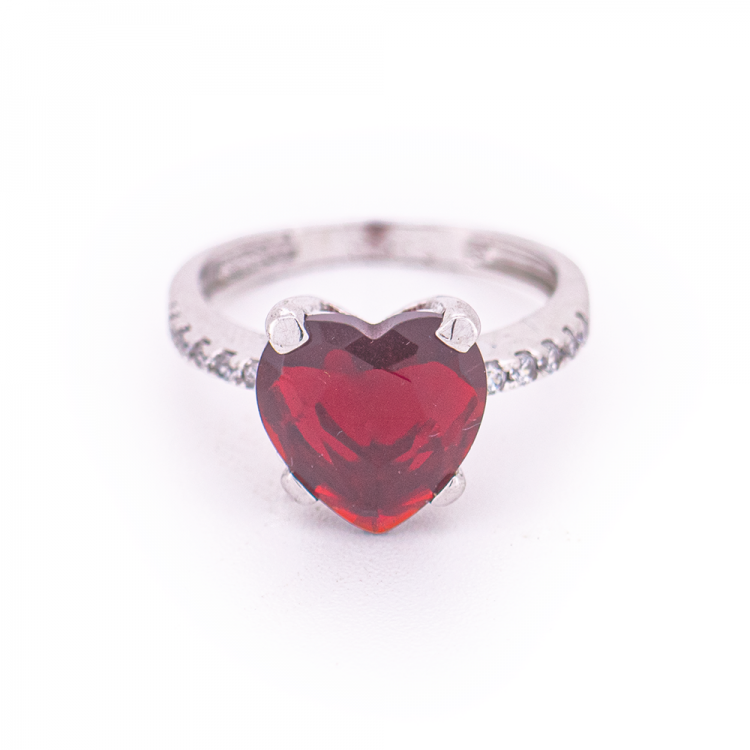 Anello Argento 925 rodiato con zircone Rosso taglio Cuore
