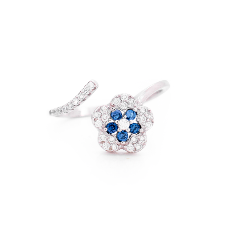 Anello Contrarié a Fiore in Argento 925 e Zirconi Colorati e Bianchi