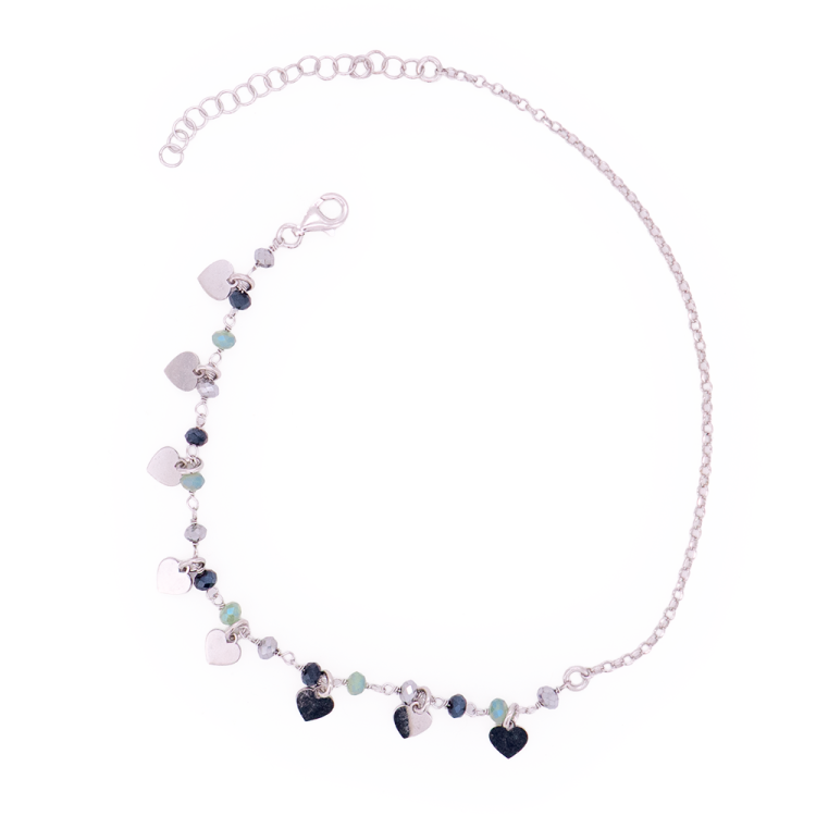 Cavigliera Artigianale in Argento 925 con Cuori e Cristalli Blu – Made in Italy