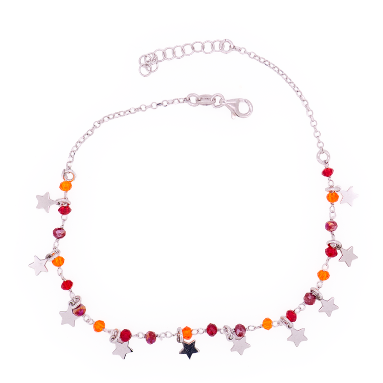 Cavigliera Artigianale in Argento 925 con Stelle e Cristalli Rossi – Made in Italy