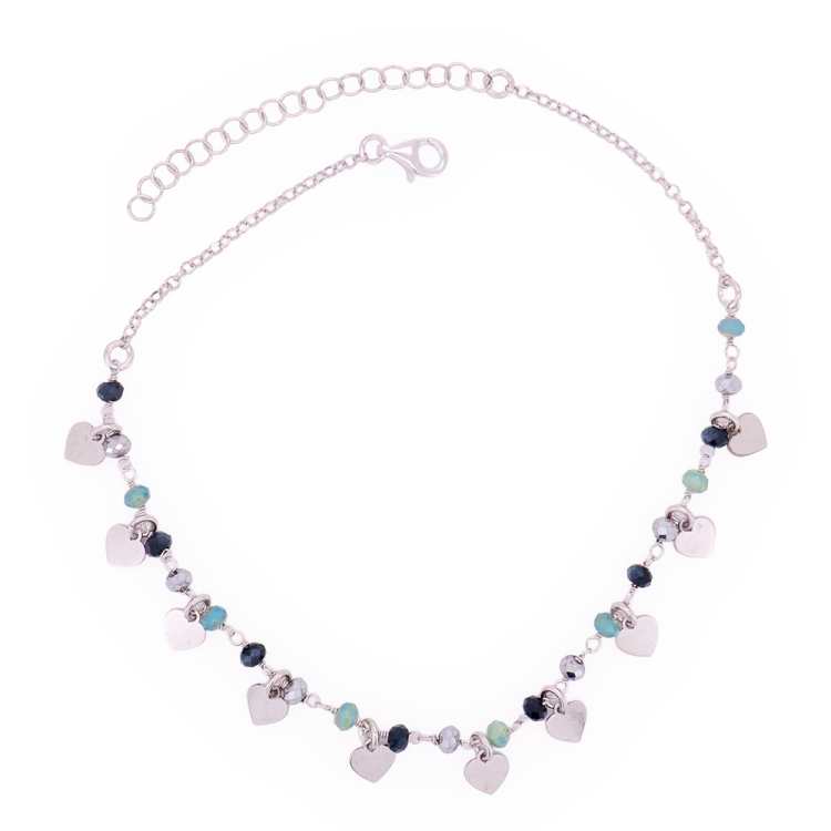 Cavigliera Artigianale in Argento 925 con Cuori e Cristalli Blu – Made in Italy